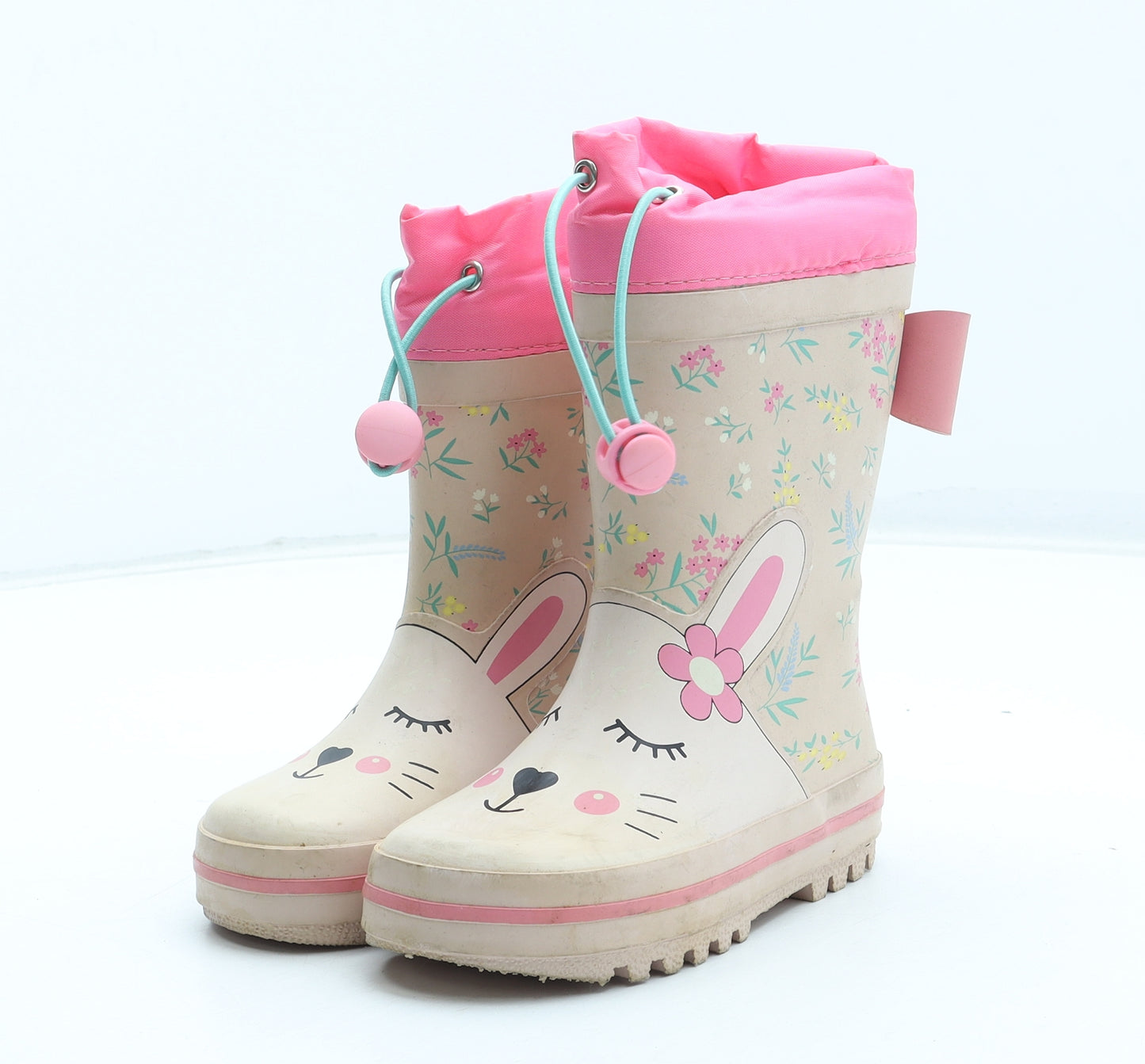 Preworn Girls Multicoloured Floral Rubber Wellies Boot UK 6.5 24 - Rabbit Detail