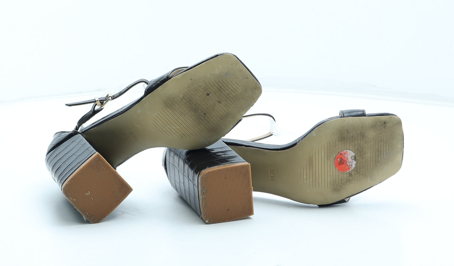 Papaya Womens Black Polyurethane Strappy Heel UK - Croc Texture