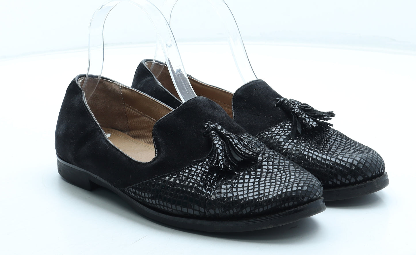 NEXT Womens Black Geometric Leather Loafer Flat UK - Wide Fit