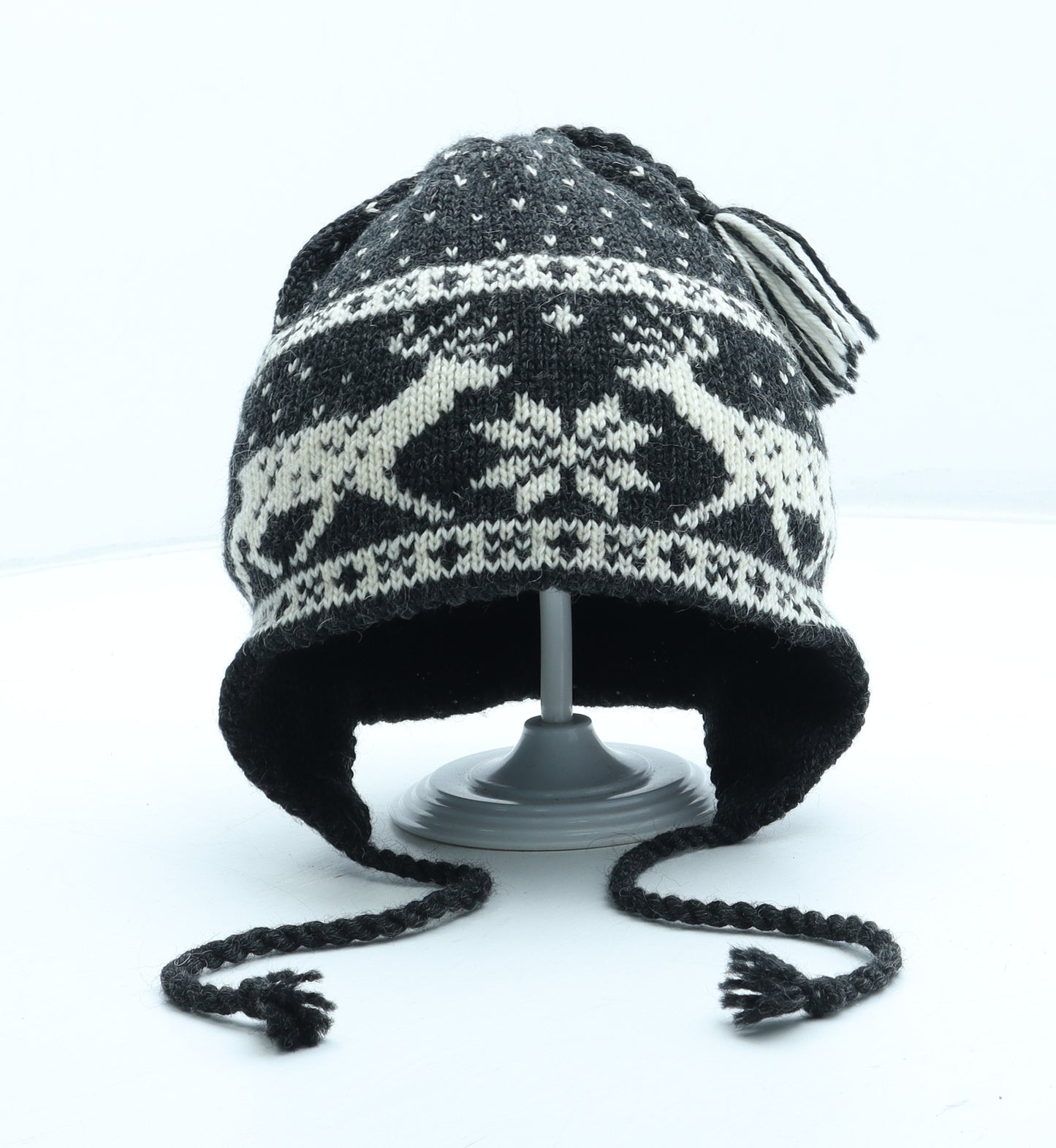 Snarby Mens Black Fair Isle Wool Winter Hat Size S