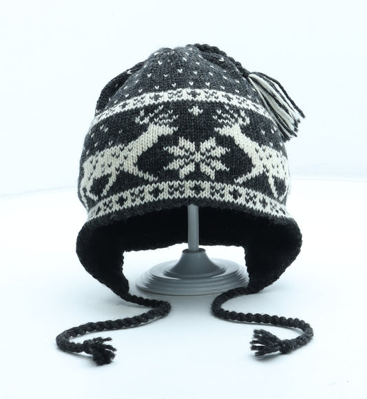 Snarby Mens Black Fair Isle Wool Winter Hat Size S