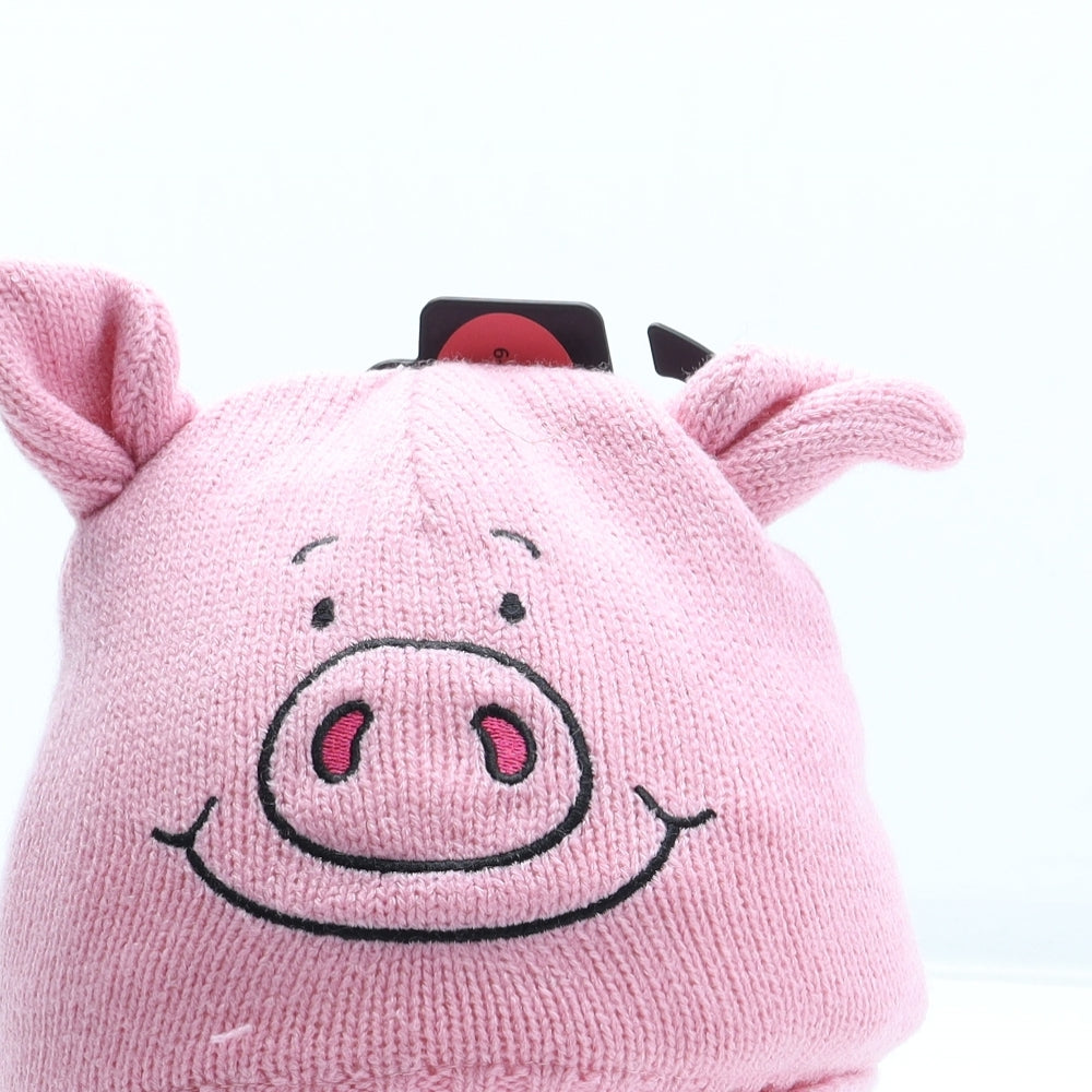 Marks and Spencer Girls Pink Acrylic Beanie One Size - Percy Pig Mittens Included UK Size 6-10 Years