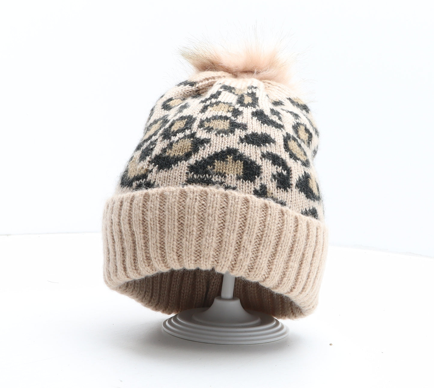 New Look Womens Beige Animal Print Acrylic Bobble Hat One Size - Leopard Pattern