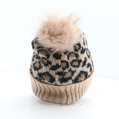 New Look Womens Beige Animal Print Acrylic Bobble Hat One Size - Leopard Pattern