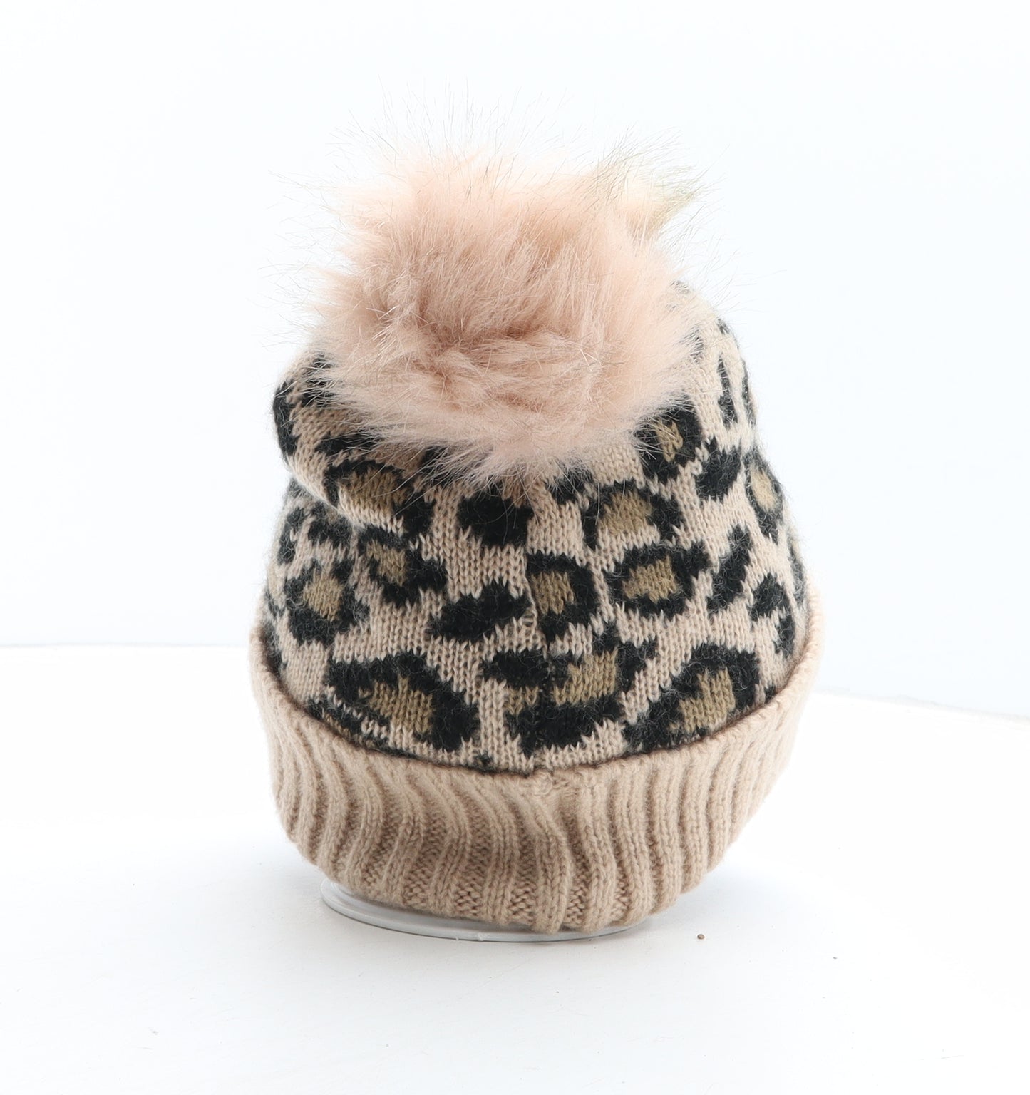 New Look Womens Beige Animal Print Acrylic Bobble Hat One Size - Leopard Pattern