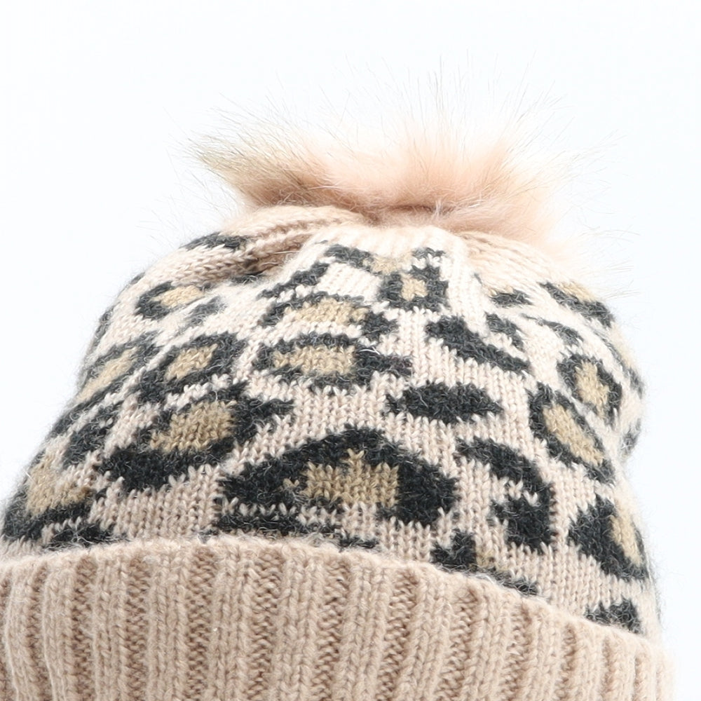 New Look Womens Beige Animal Print Acrylic Bobble Hat One Size - Leopard Pattern