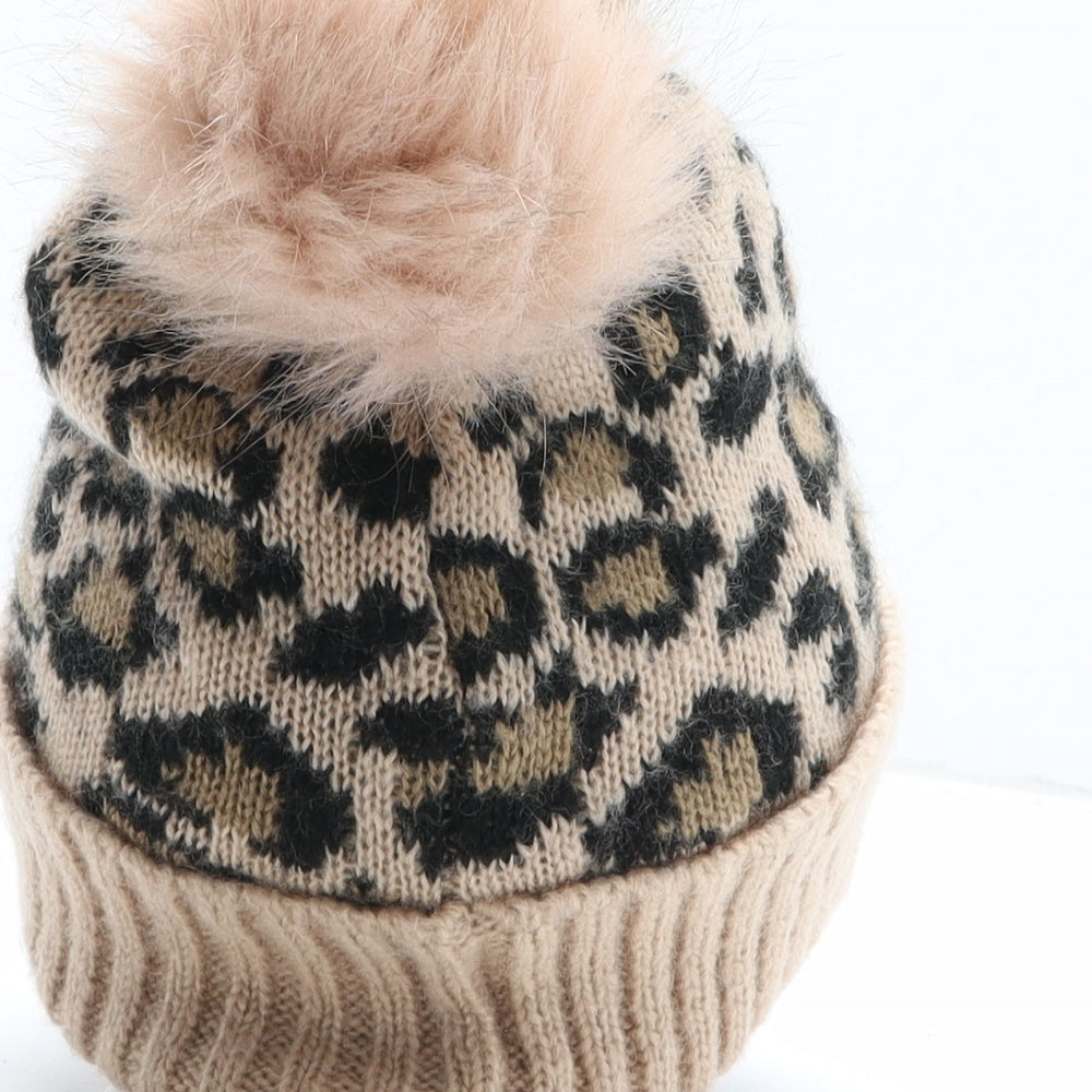 New Look Womens Beige Animal Print Acrylic Bobble Hat One Size - Leopard Pattern