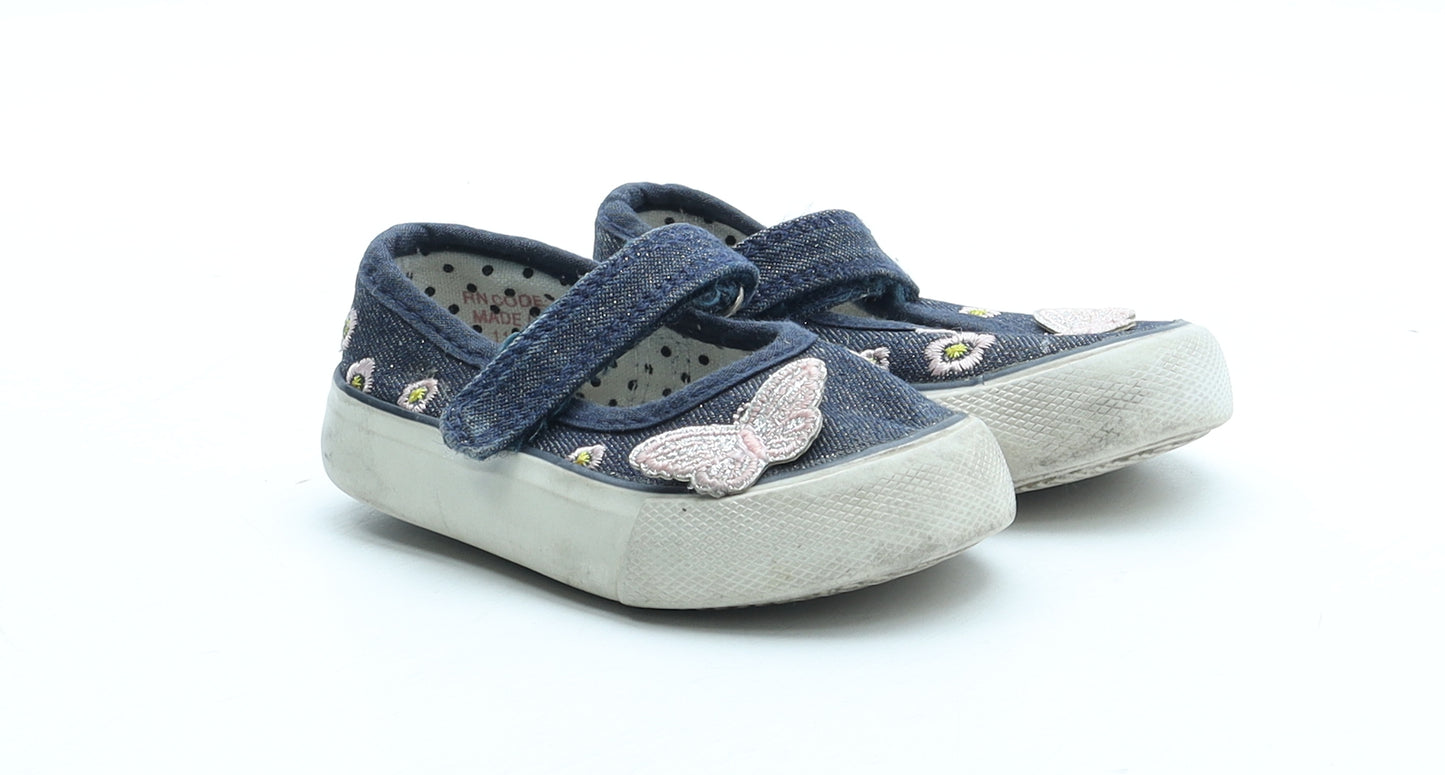 Primark Girls Blue Floral Polyester Mary Jane Casual UK 3 19 - Butterfly Detail