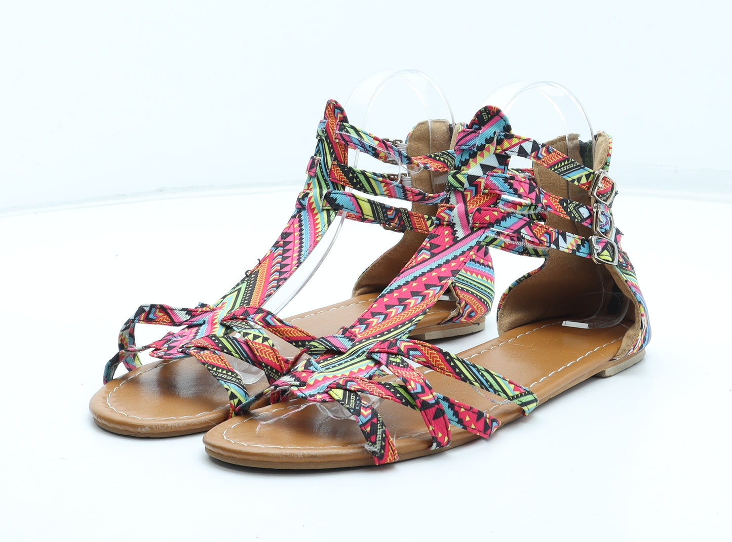 Preworn Womens Multicoloured Geometric Polyester Gladiator Sandal UK