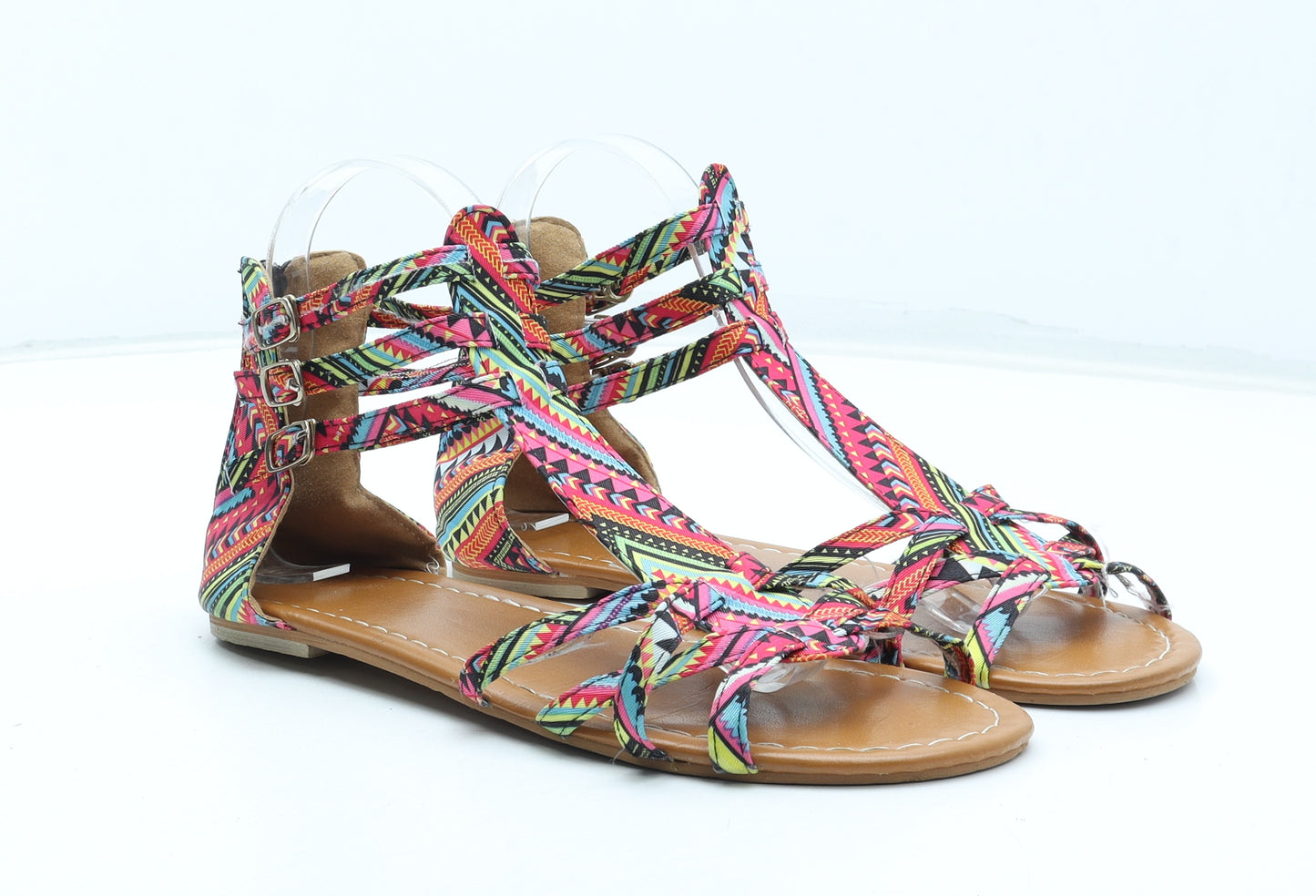 Preworn Womens Multicoloured Geometric Polyester Gladiator Sandal UK