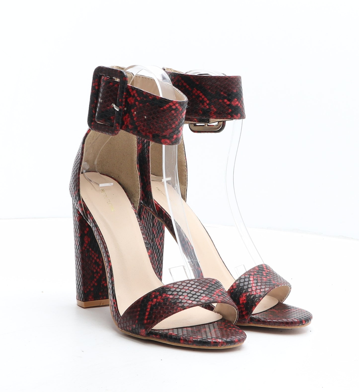 PRETTYLITTLETHING Womens Red Animal Print Synthetic Strappy Heel UK - Snake Pattern
