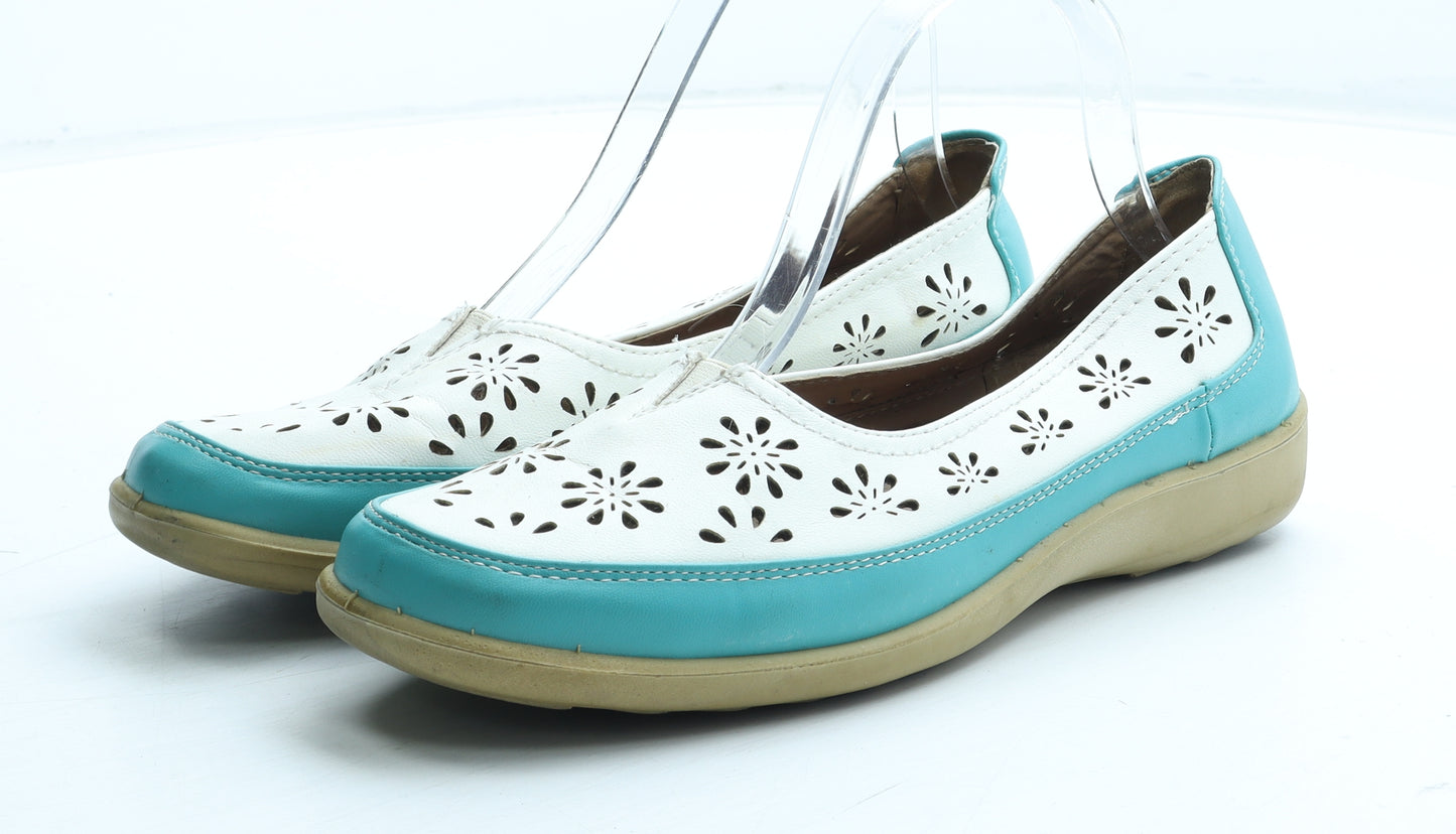 Cotton Traders Womens Blue Colourblock Leather Slip On Casual UK - Flower Pattern