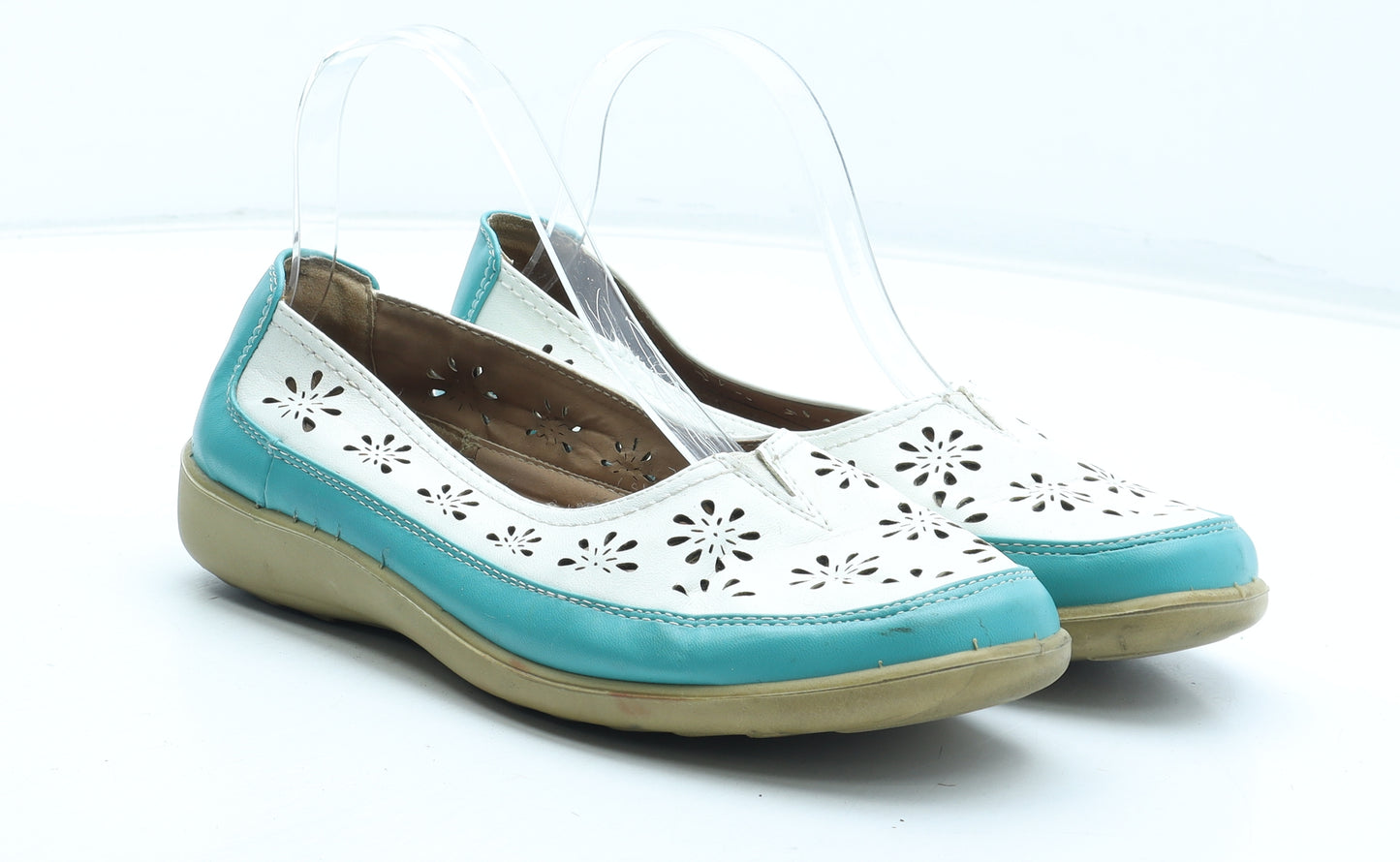 Cotton Traders Womens Blue Colourblock Leather Slip On Casual UK - Flower Pattern
