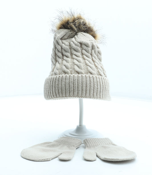 Preworn Girls Beige Acrylic Beanie Size S - Gloves Includes