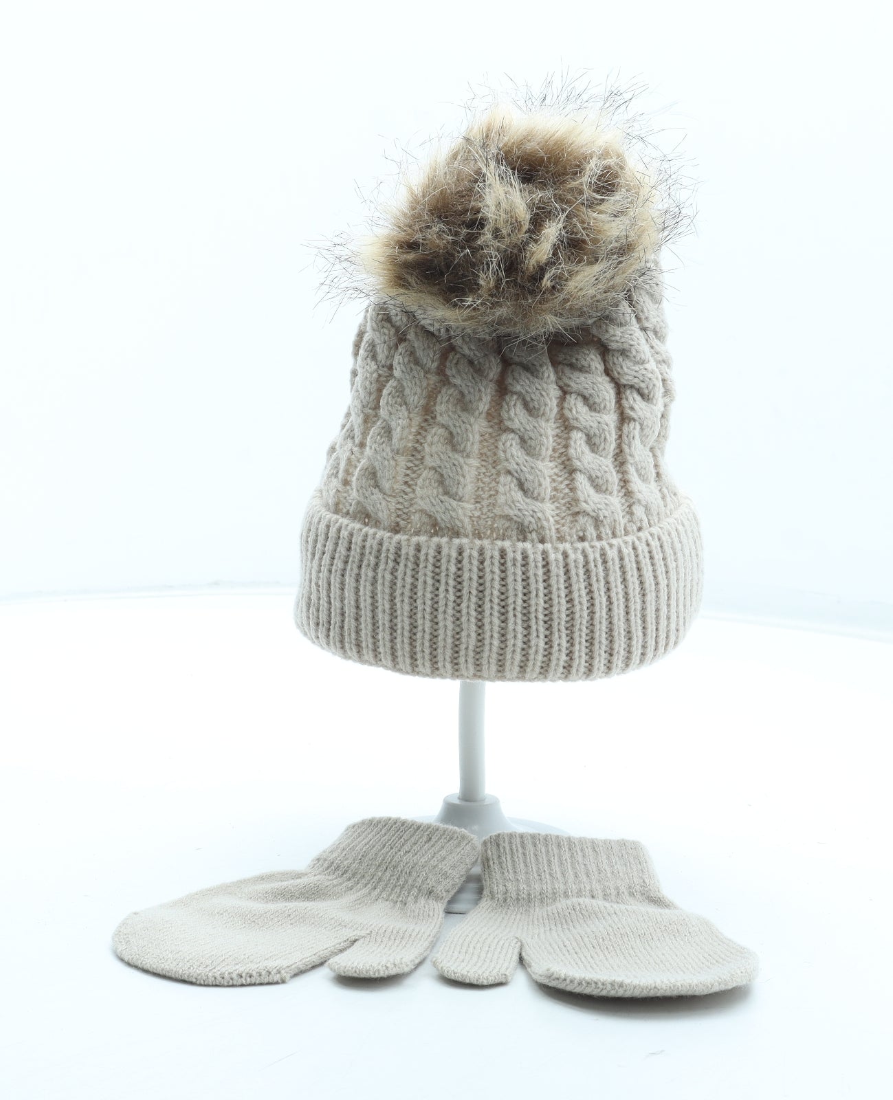 Preworn Girls Beige Acrylic Beanie Size S - Gloves Includes