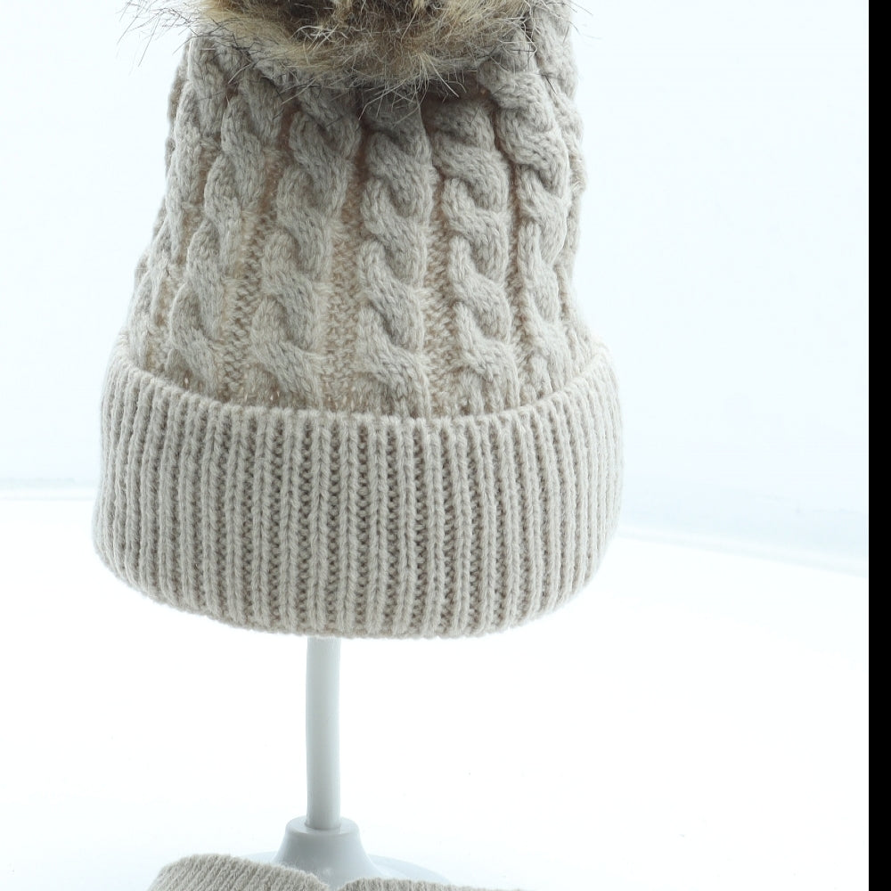 Preworn Girls Beige Acrylic Beanie Size S - Gloves Includes