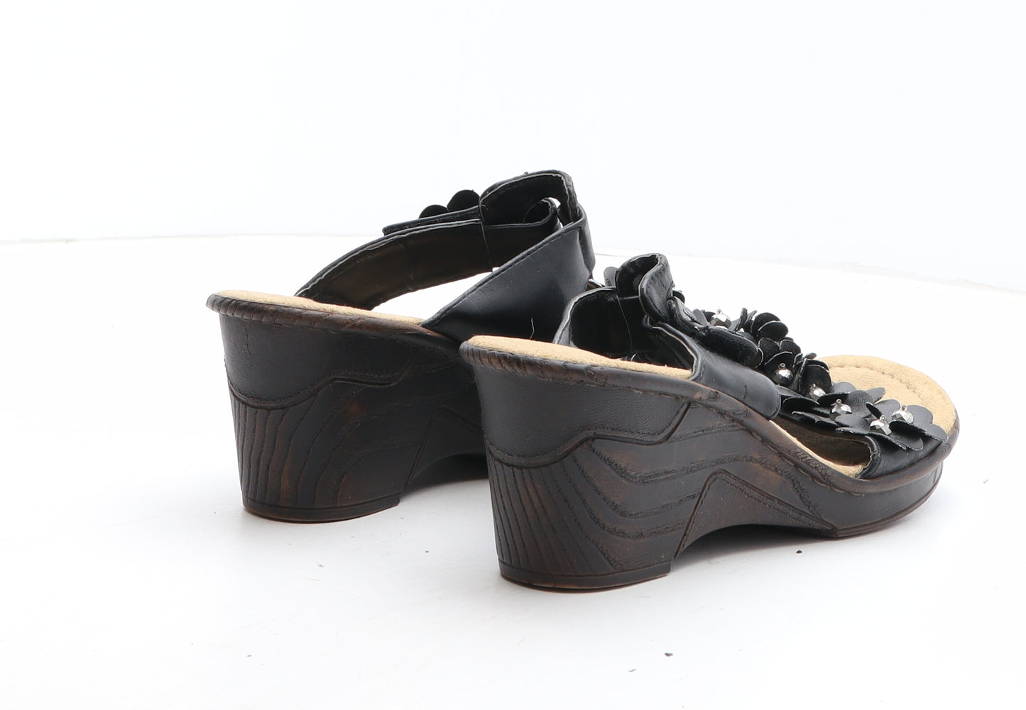 Rieker Womens Black Synthetic Strappy Heel UK - Flower Detail