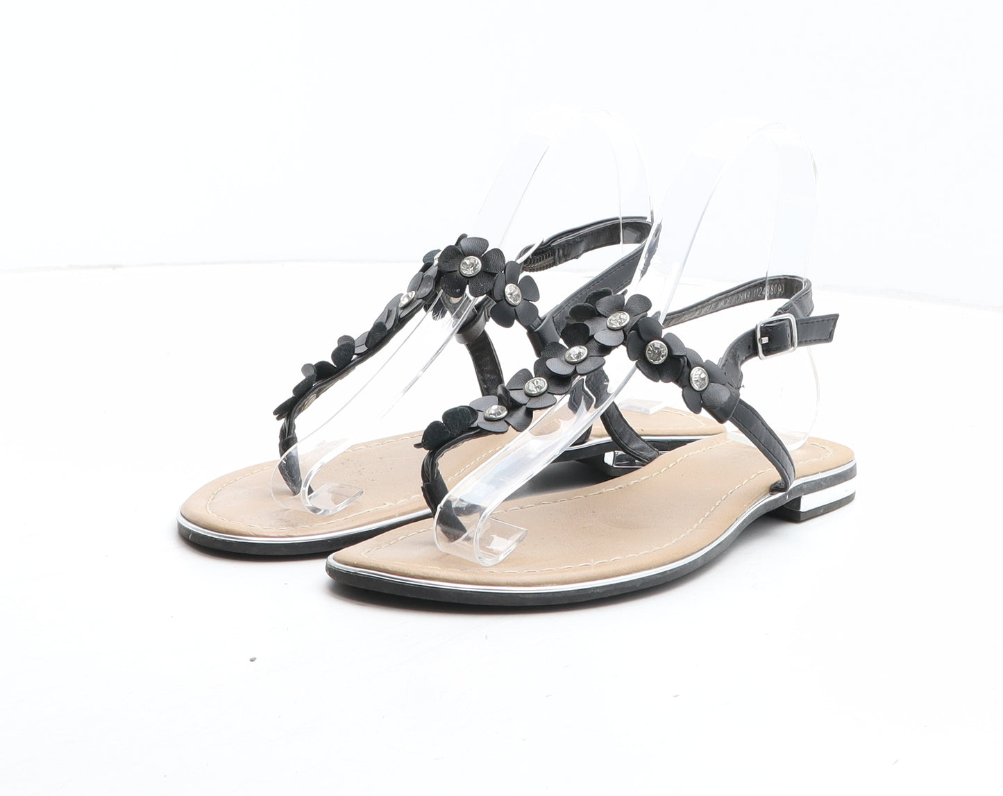 Primark Womens Black Floral Synthetic Thong Sandal UK