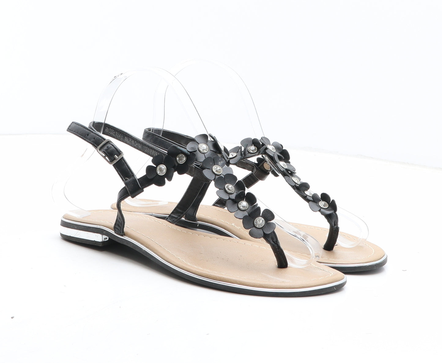 Primark Womens Black Floral Synthetic Thong Sandal UK