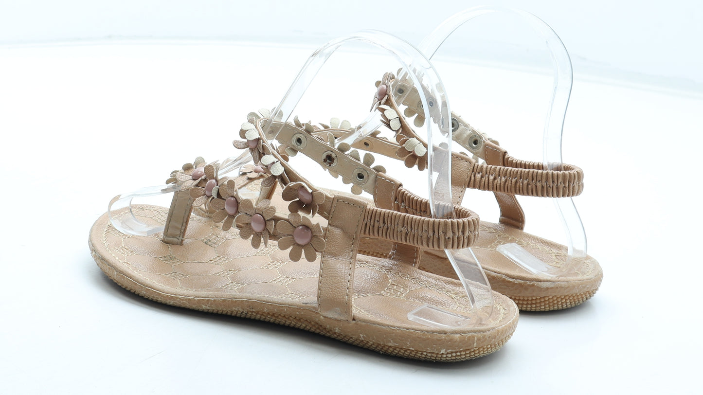 Preworn Womens Beige Floral Polyurethane Thong Sandal UK