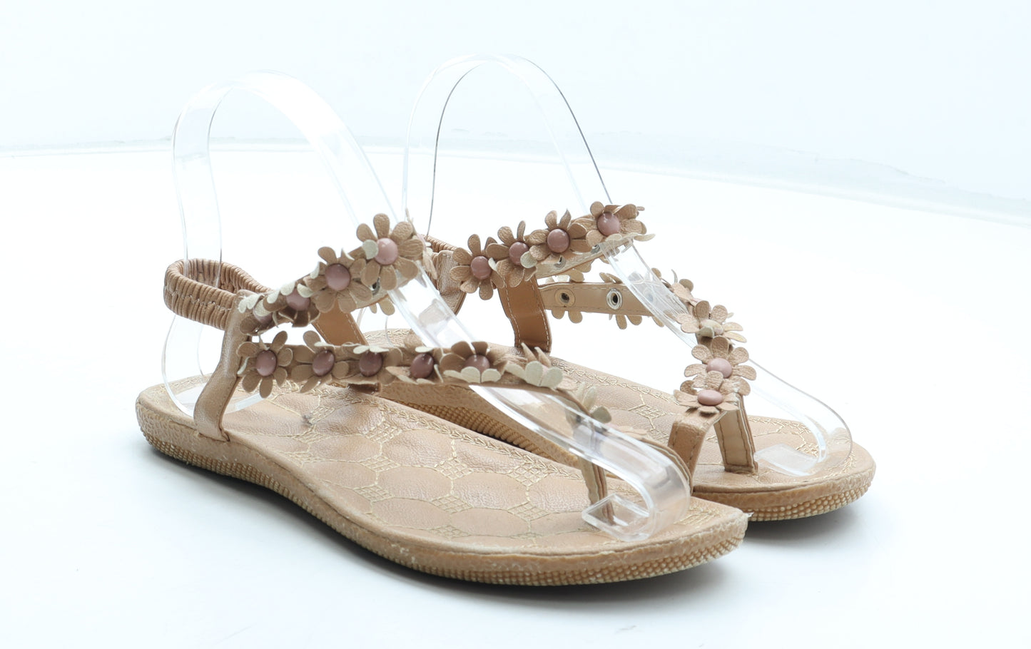 Preworn Womens Beige Floral Polyurethane Thong Sandal UK