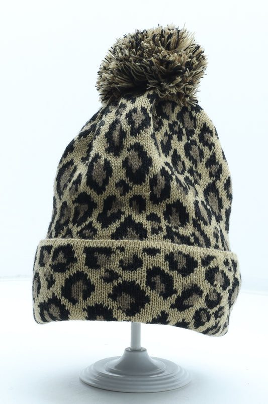 Preworn Womens Brown Animal Print Acrylic Bobble Hat One Size - Leopard Pattern