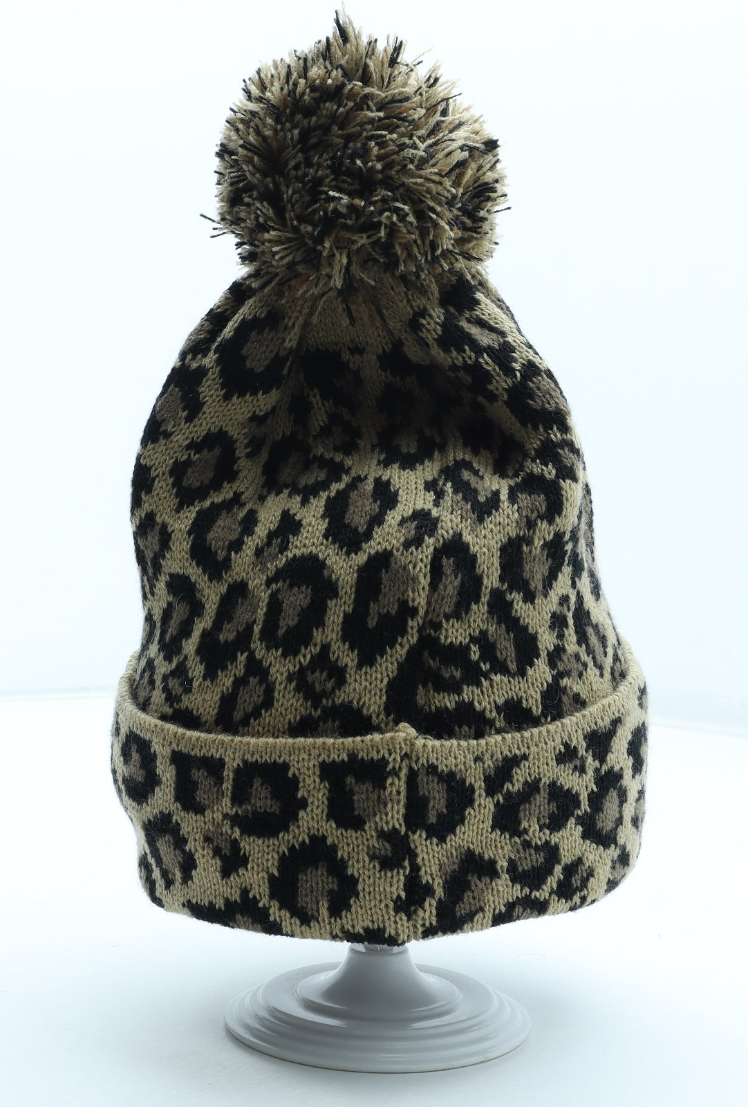 Preworn Womens Brown Animal Print Acrylic Bobble Hat One Size - Leopard Pattern