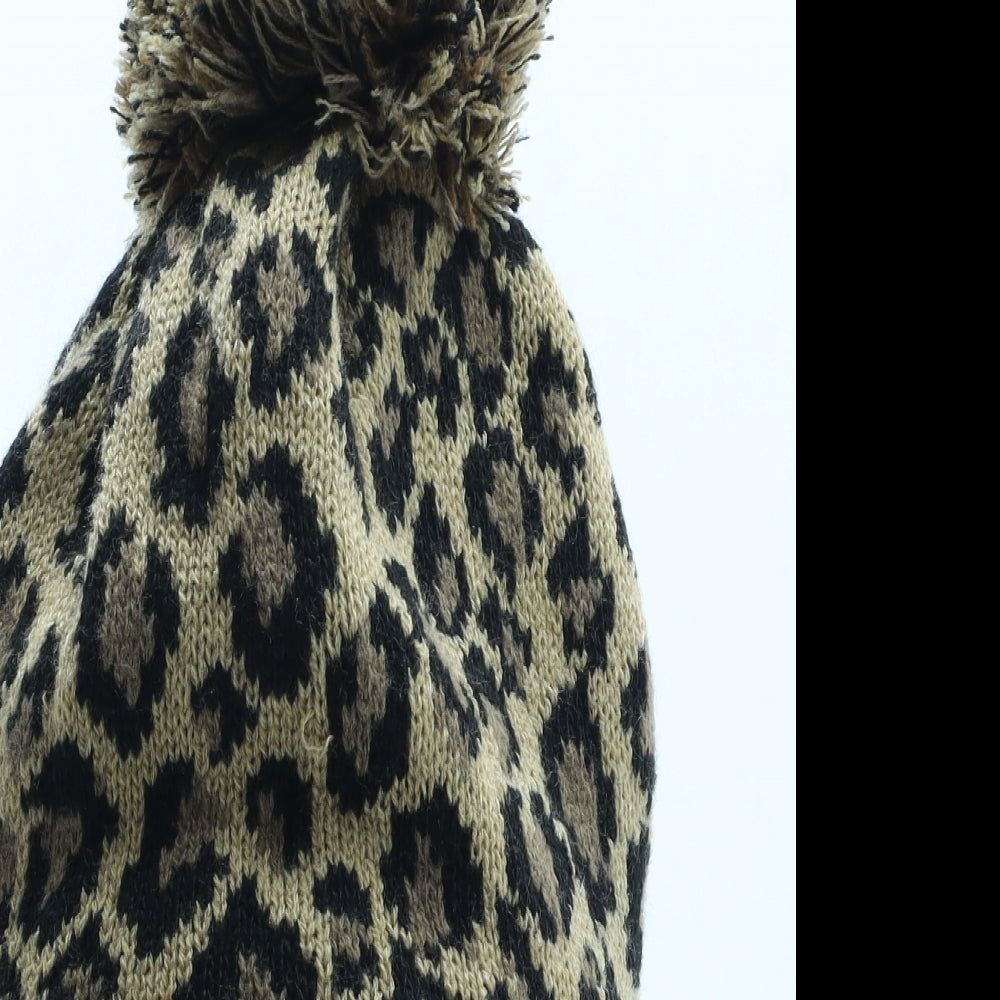 Preworn Womens Brown Animal Print Acrylic Bobble Hat One Size - Leopard Pattern