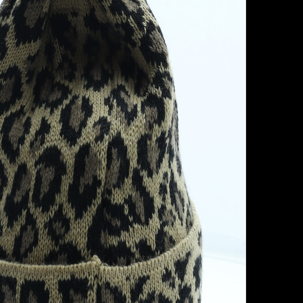 Preworn Womens Brown Animal Print Acrylic Bobble Hat One Size - Leopard Pattern