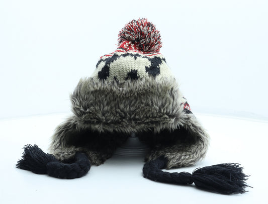NEXT Mens Multicoloured Fair Isle Acrylic Winter Hat Size S - Faux Fur Trim