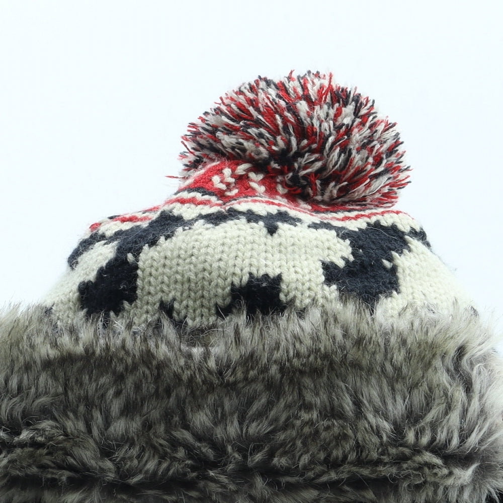 NEXT Mens Multicoloured Fair Isle Acrylic Winter Hat Size S - Faux Fur Trim