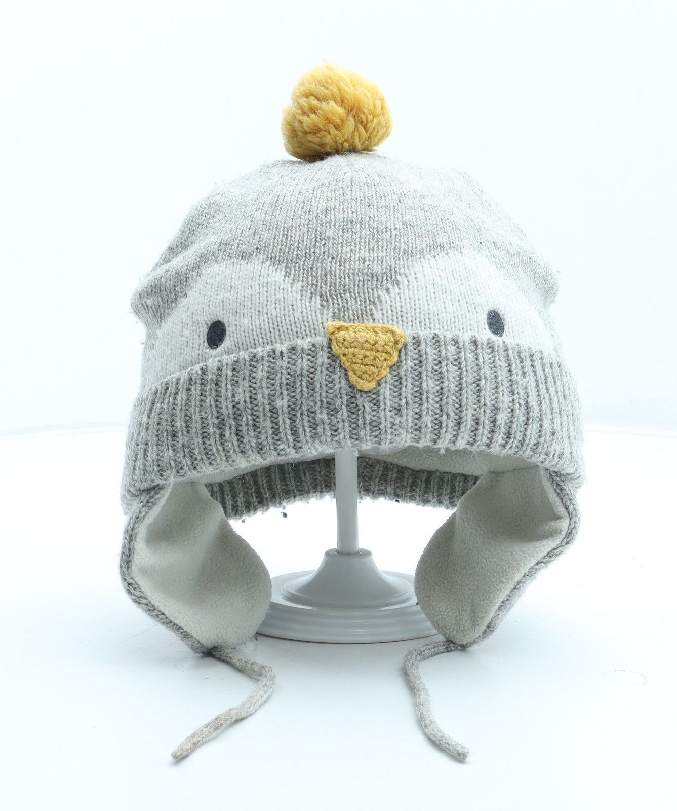 Preworn Girls Grey Acrylic Bobble Hat Size S - Penguin Size 1-7 Years
