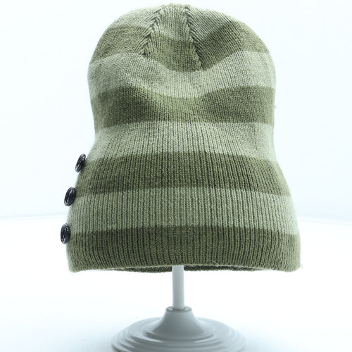 Preworn Mens Green Striped Acrylic Beanie One Size