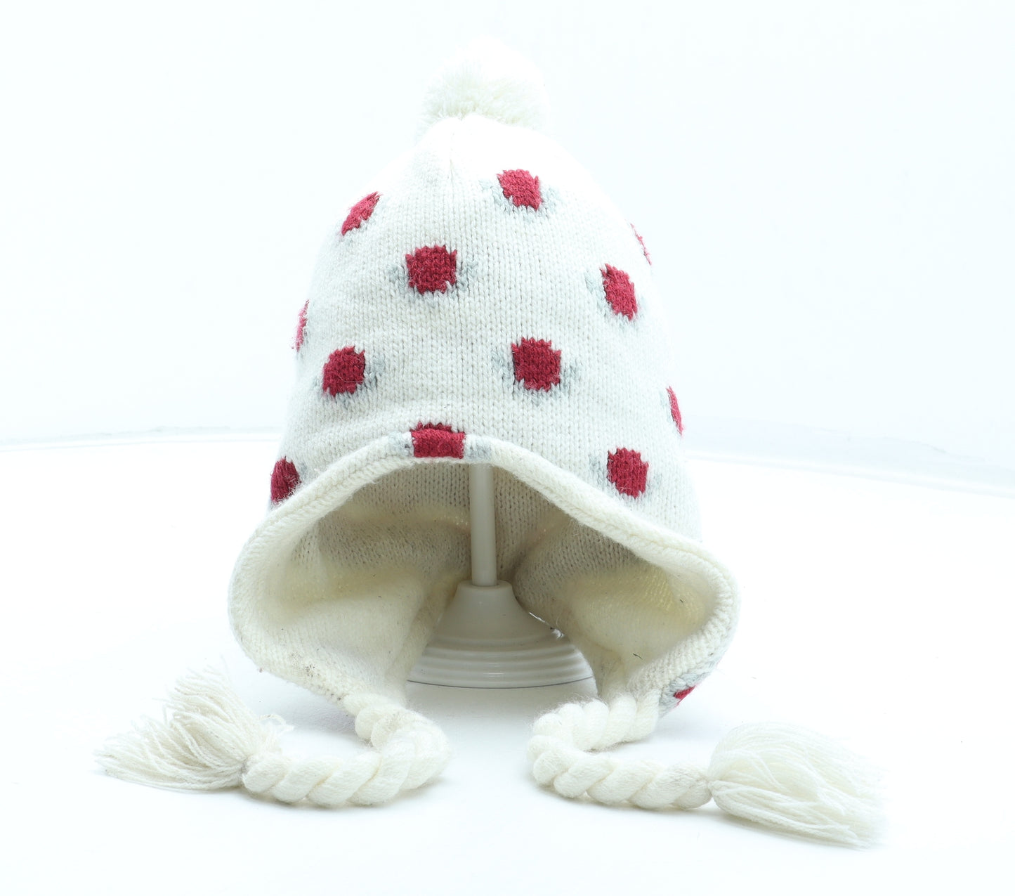 Preworn Girls White Polka Dot Acrylic Winter Hat Size S