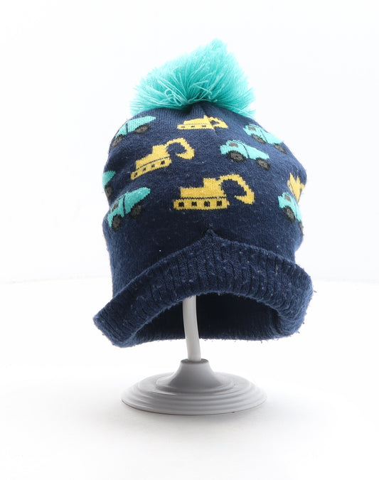 Peacocks Boys Blue Geometric Acrylic Bobble Hat One Size - Tractors Diggers Pattern Size 2-4 years