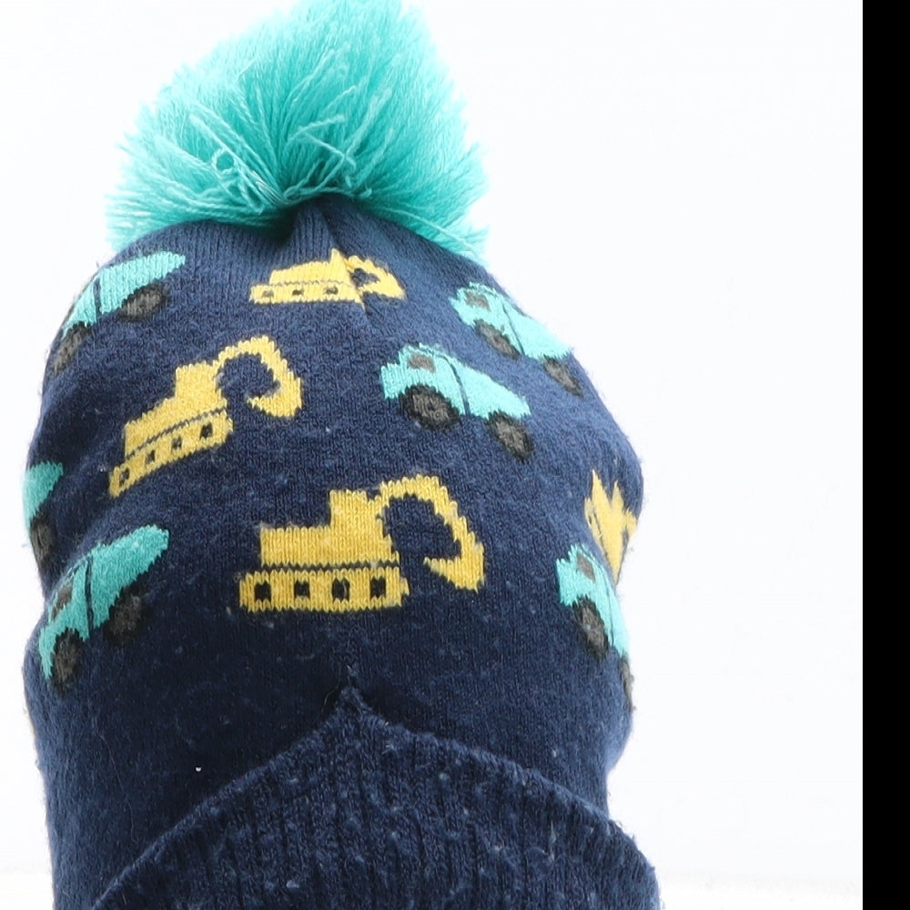 Peacocks Boys Blue Geometric Acrylic Bobble Hat One Size - Tractors Diggers Pattern Size 2-4 years