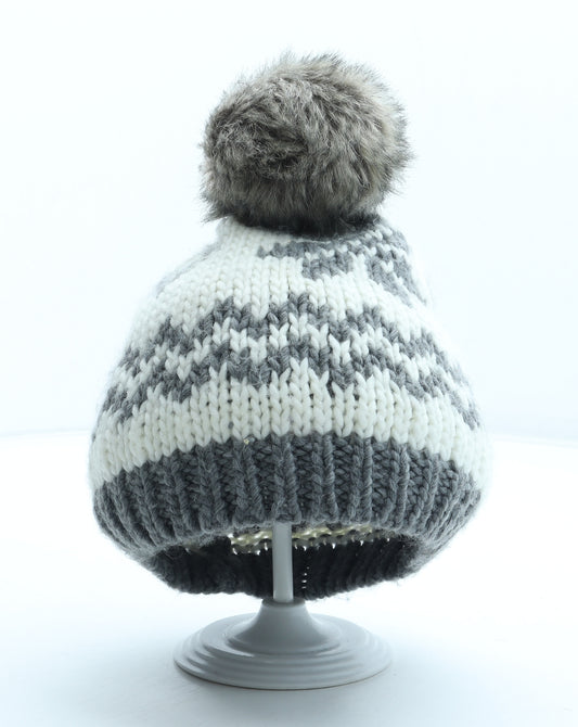 Preworn Womens Grey Fair Isle Acrylic Bobble Hat One Size
