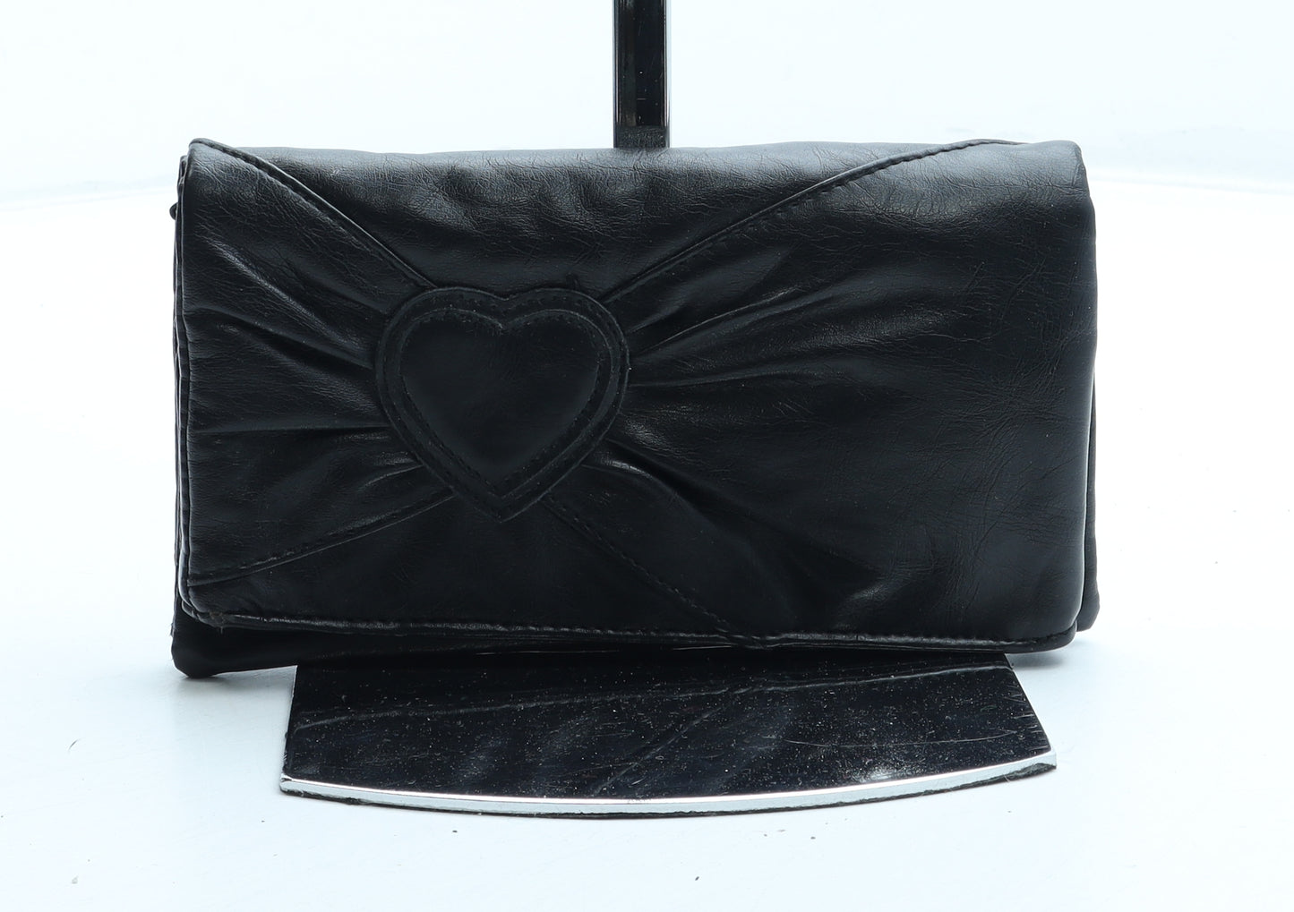 Preworn Womens Black Leather Bow Tie Wallet Size S - Heart Detail