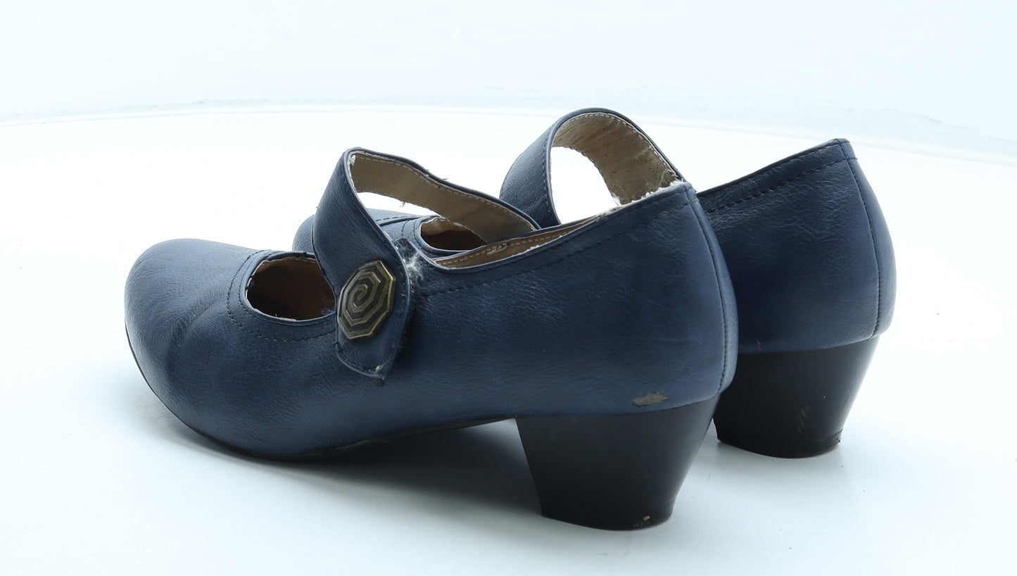 Pavers Womens Blue Leather Court Heel UK - Mary Jane Style