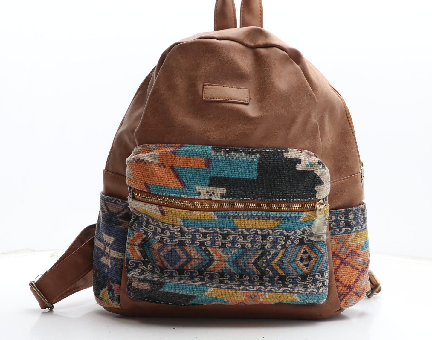 Preworn Womens Brown Geometric Polyurethane Backpack Size Medium