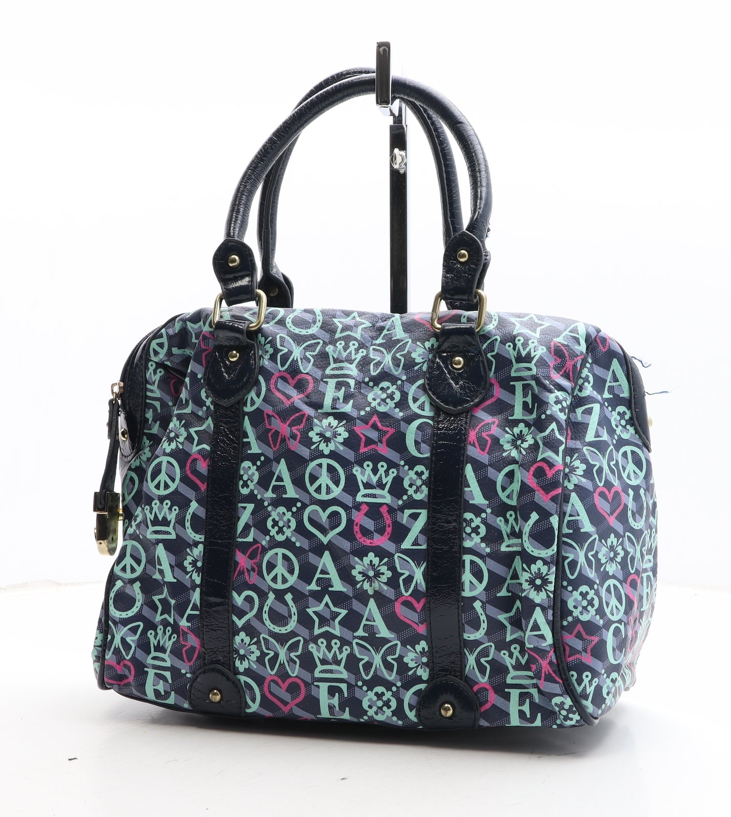 Accessorize Womens Blue Geometric Polyurethane Top Handle Bag Size Medium
