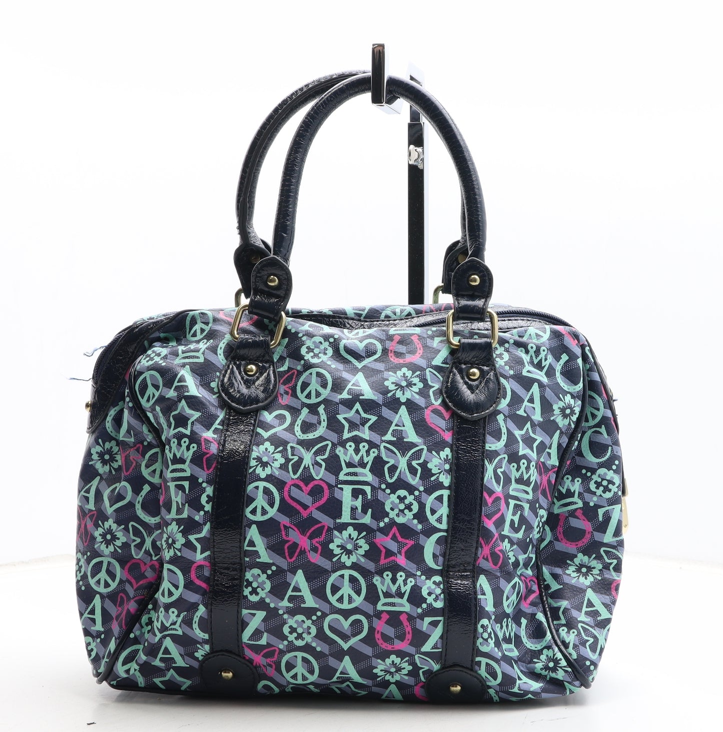 Accessorize Womens Blue Geometric Polyurethane Top Handle Bag Size Medium