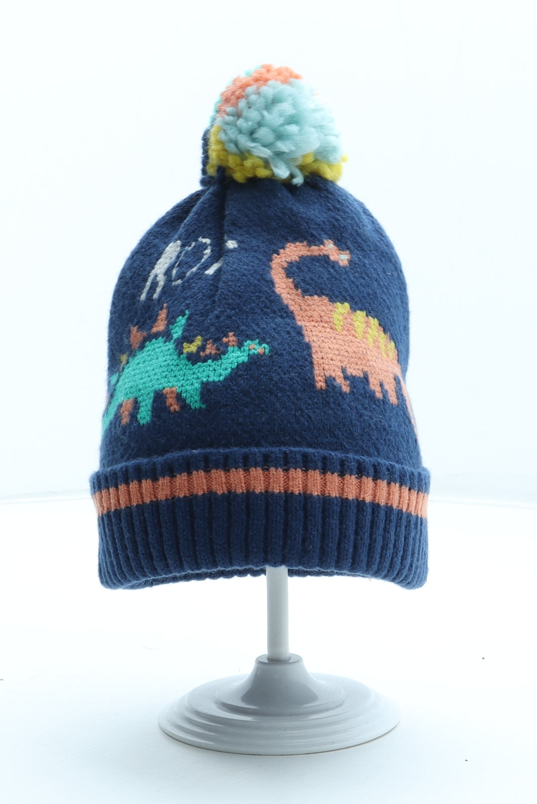 Marks and Spencer Boys Multicoloured Geometric Acrylic Bobble Hat Size S - Dinosaur Size 12-18 months