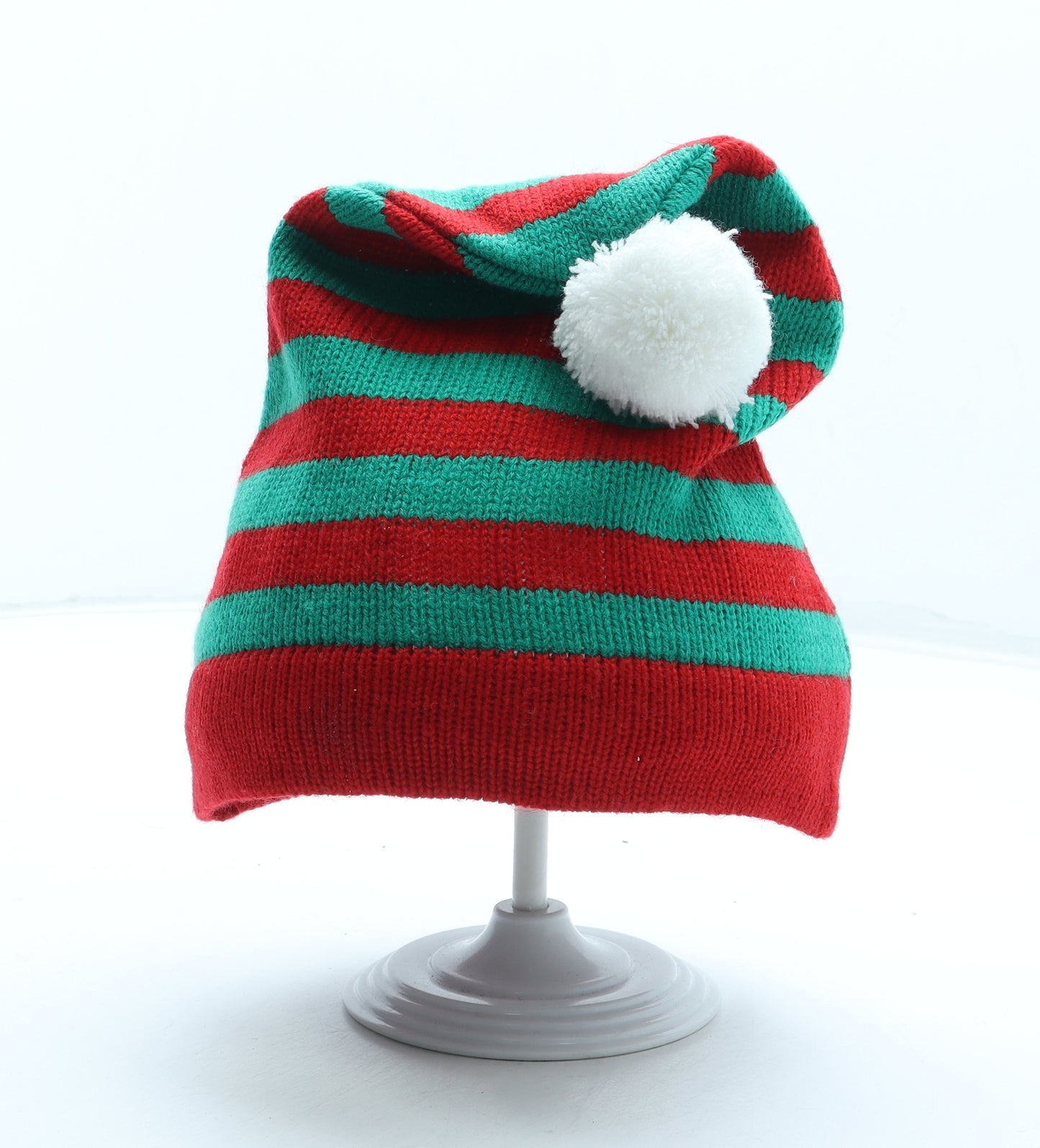 Preworn Boys Multicoloured Striped Acrylic Bobble Hat Size S - Christmas Elf Hat