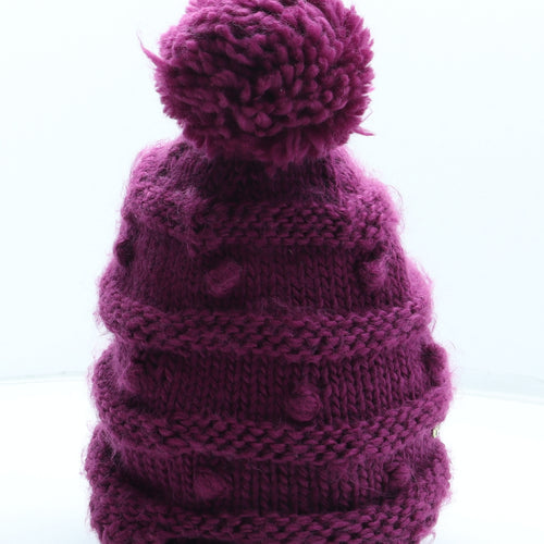Preworn Womens Purple Acrylic Bobble Hat One Size - Flower Detail