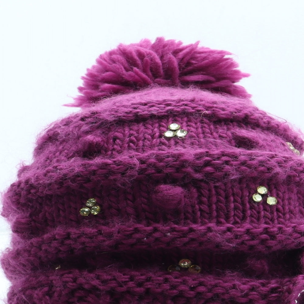 Preworn Womens Purple Acrylic Bobble Hat One Size - Flower Detail