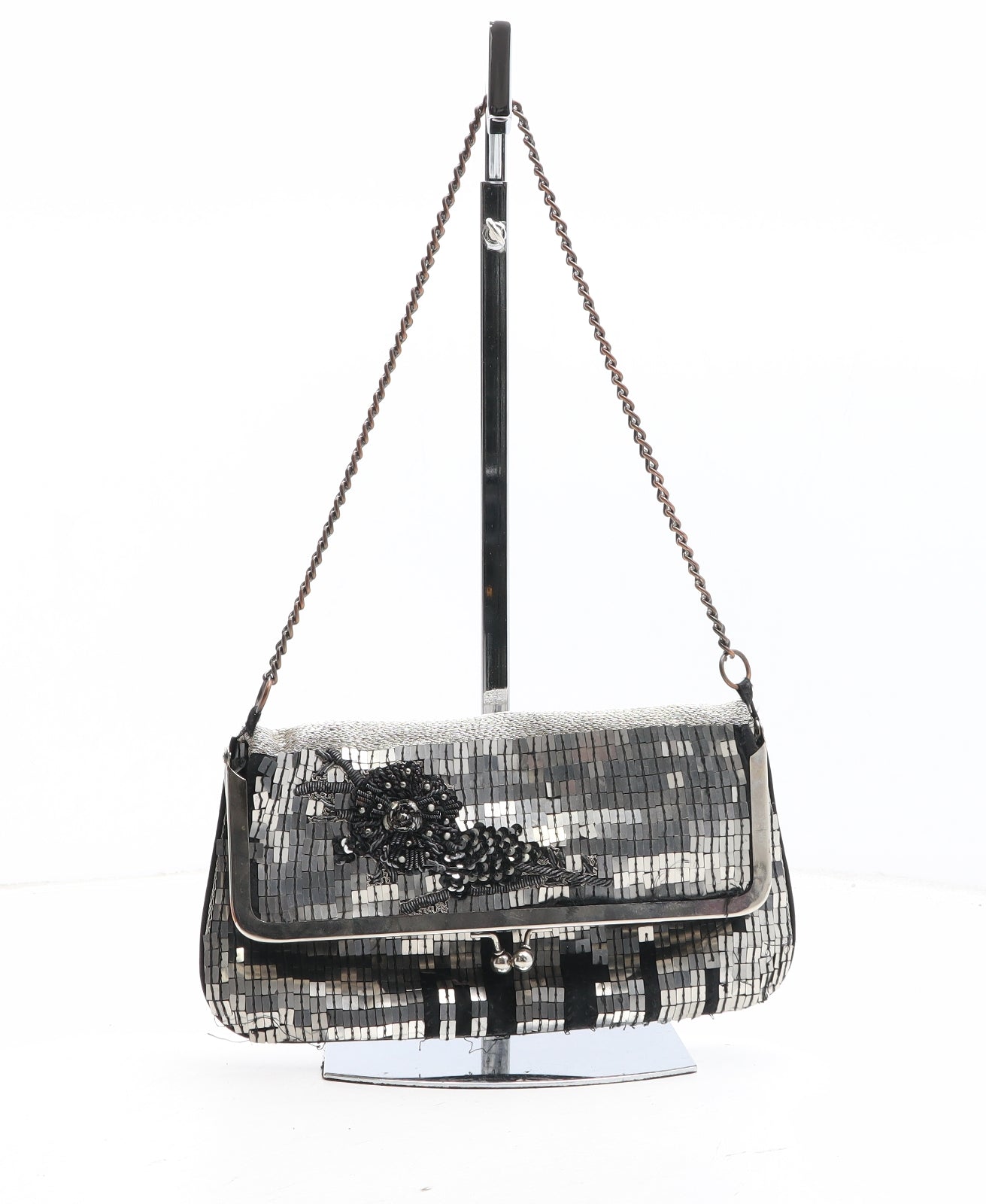 Accessorize Womens Silver Solid Polyester Clutch Size Small - Flower Detail