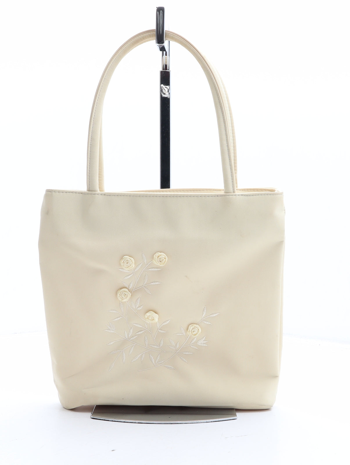 Preworn Womens Beige Solid Polyester Top Handle Bag Size Medium - Flower Detail