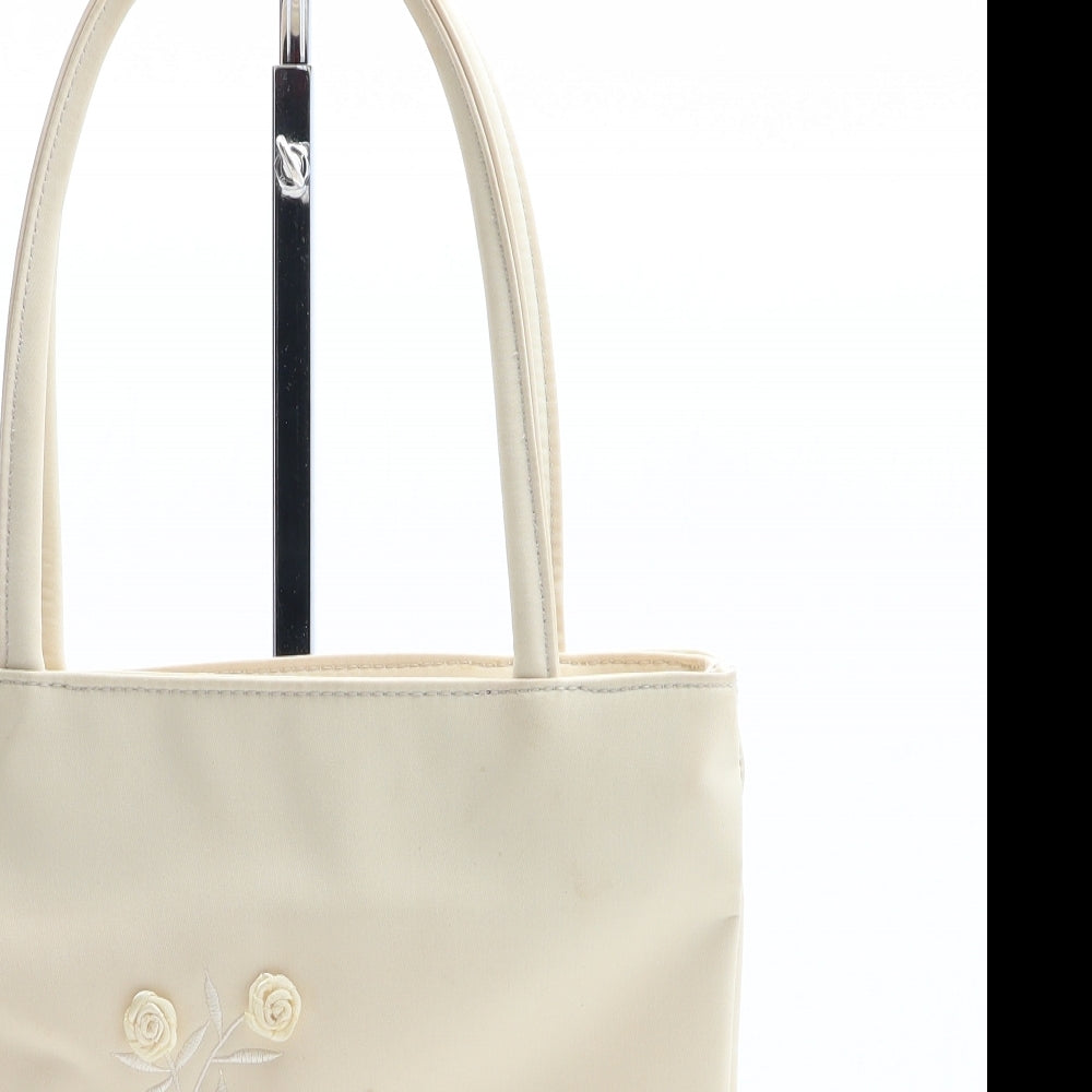 Preworn Womens Beige Solid Polyester Top Handle Bag Size Medium - Flower Detail