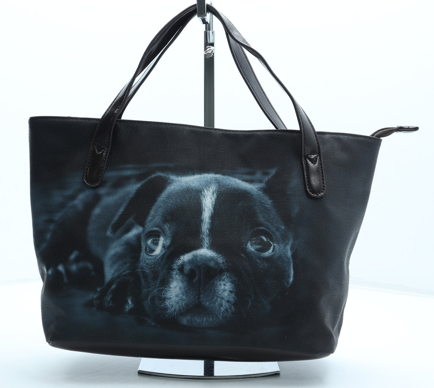 Preworn Womens Black Geometric Polyurethane Top Handle Bag Size Large - Dog